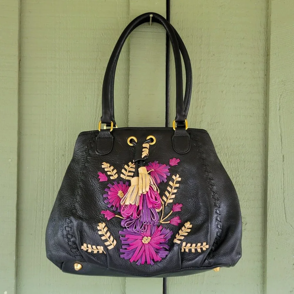 ISABELLA FIORE Black Leather Floral Shoulder Bag - Picture 8 of 9